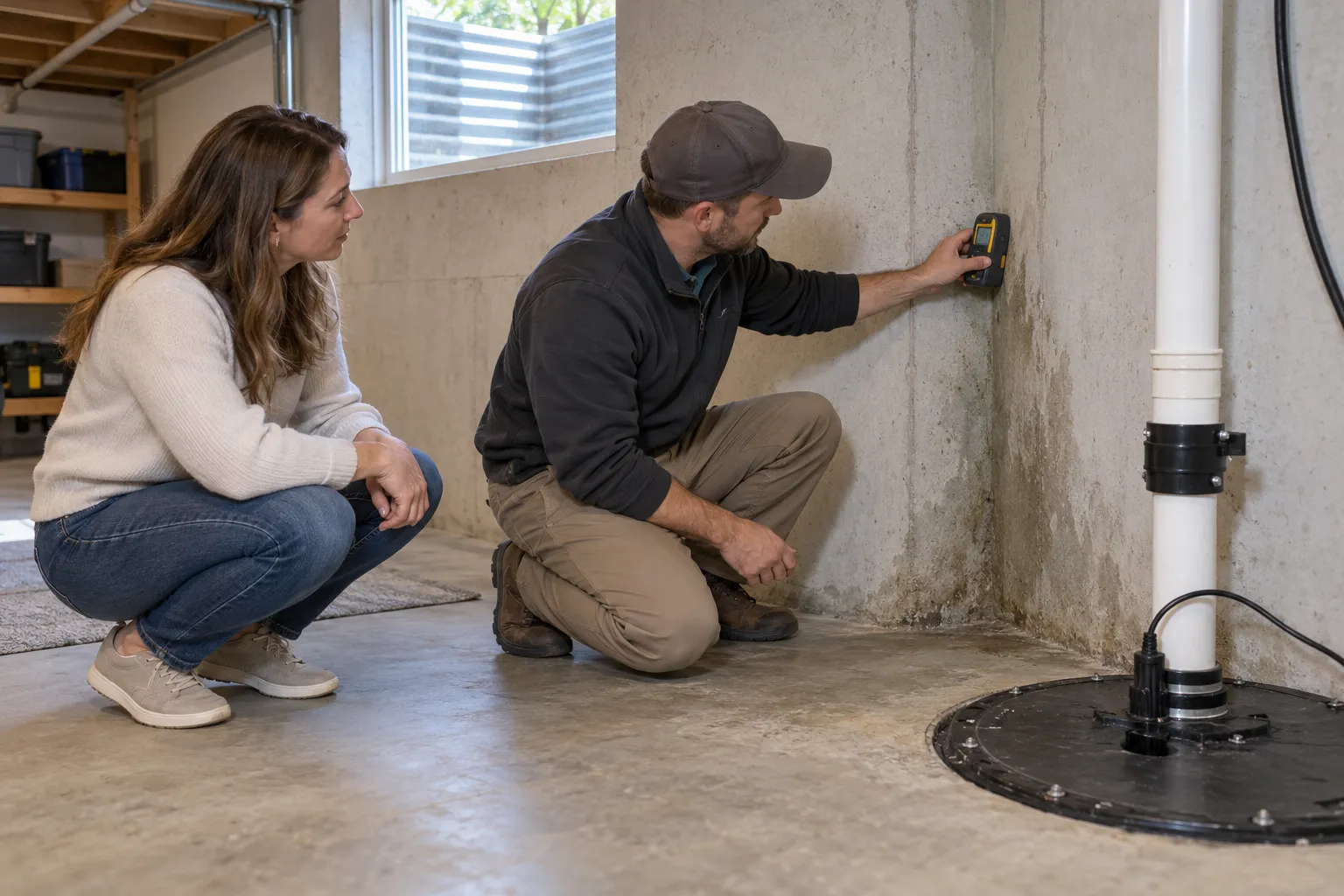 A homeowner in Milwaukee looking at a damp basement wall with a local mold provider