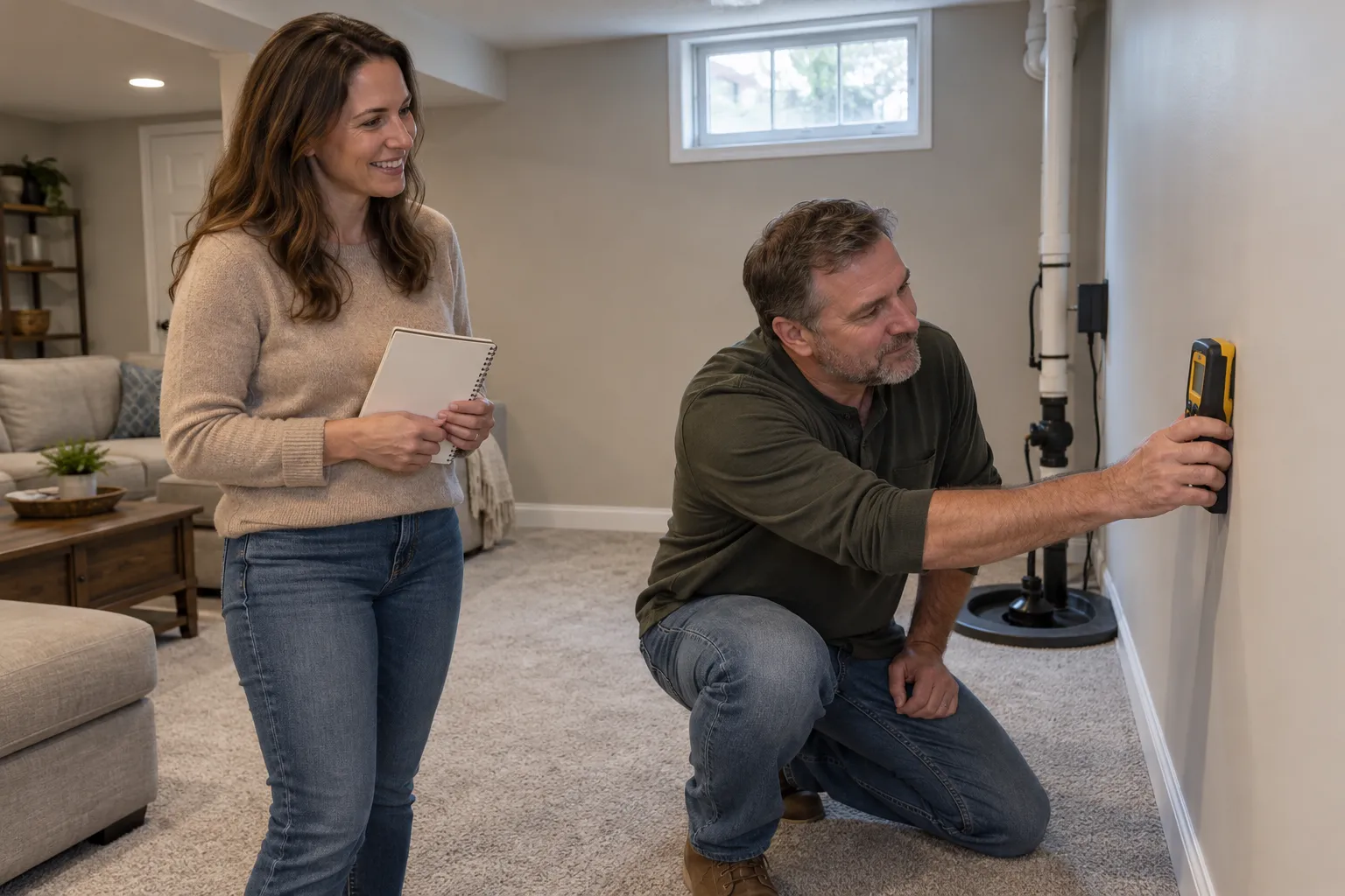 A local mold inspector checking a basement wall with a moisture meter in a Milwaukee home