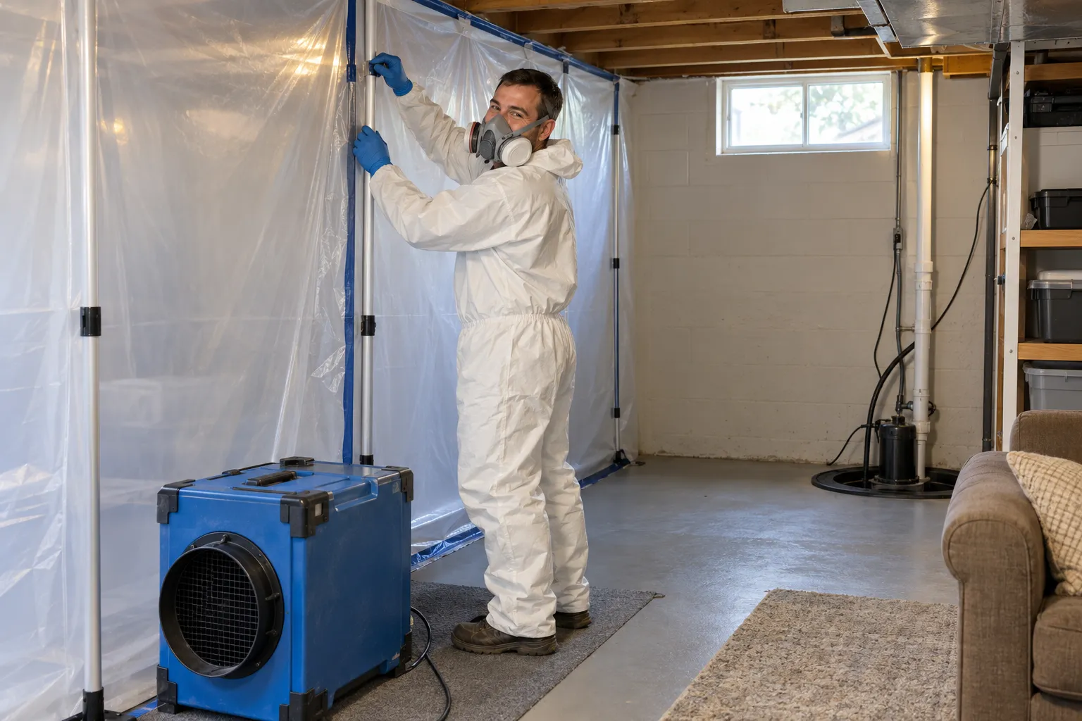 Local provider in protective gear setting up containment barriers in a Milwaukee home basement